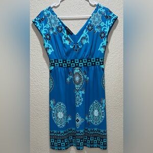 INC International Concepts Teal and Black Patterned Midi Dress